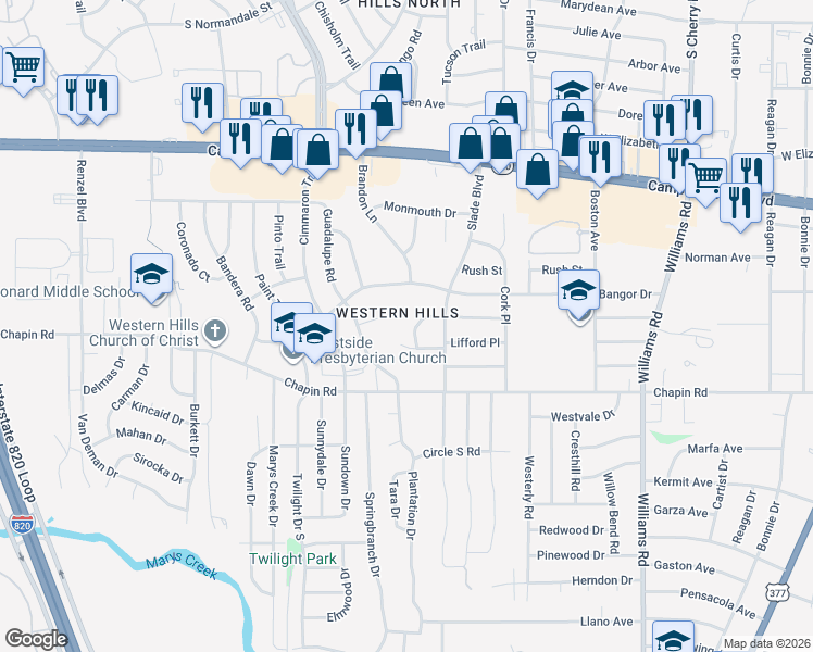 map of restaurants, bars, coffee shops, grocery stores, and more near 8408 Kinsale Court in Fort Worth