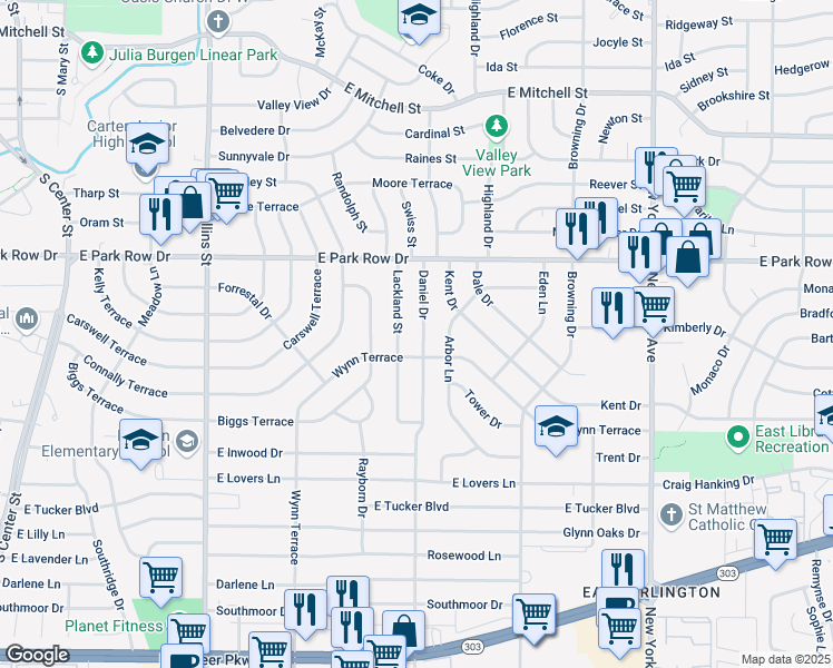 map of restaurants, bars, coffee shops, grocery stores, and more near 1526 Daniel Drive in Arlington