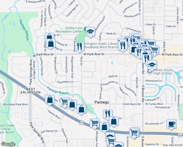 map of restaurants, bars, coffee shops, grocery stores, and more near 2807 Wood Wind Drive in Pantego