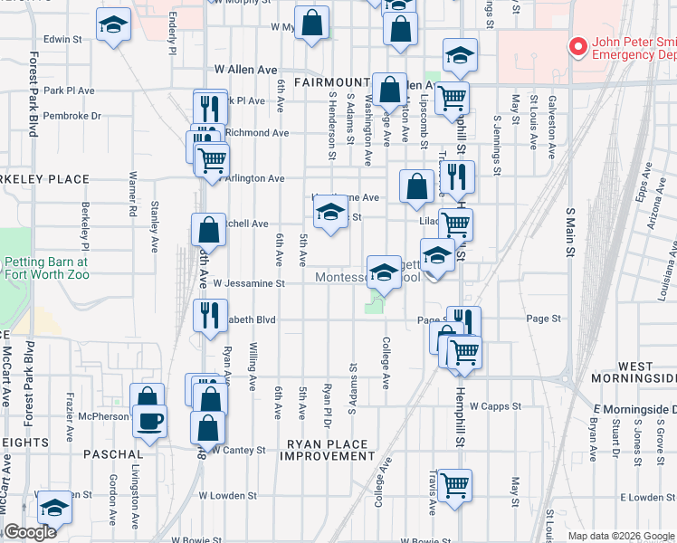 map of restaurants, bars, coffee shops, grocery stores, and more near 2300 Ryan Place Drive in Fort Worth