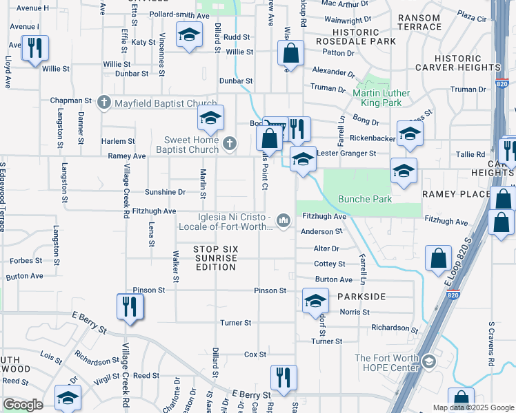map of restaurants, bars, coffee shops, grocery stores, and more near 5324 Carol Avenue in Fort Worth