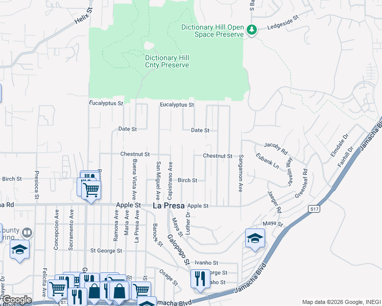 map of restaurants, bars, coffee shops, grocery stores, and more near 1408 Coronado Avenue in Spring Valley