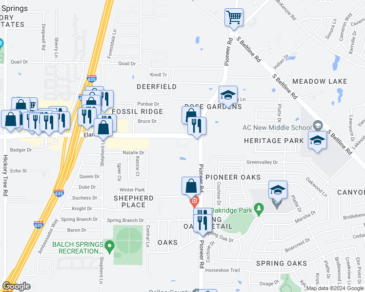 map of restaurants, bars, coffee shops, grocery stores, and more near 12904 Elam Road in Mesquite