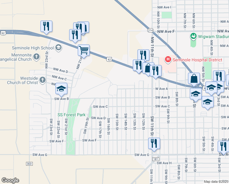 map of restaurants, bars, coffee shops, grocery stores, and more near 1504 SW Avenue B in Seminole