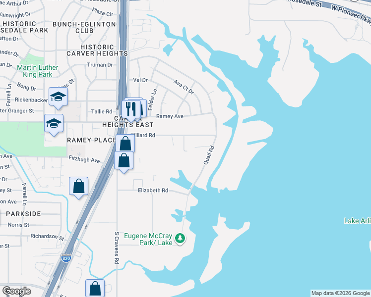 map of restaurants, bars, coffee shops, grocery stores, and more near 6312 Willard Road in Fort Worth