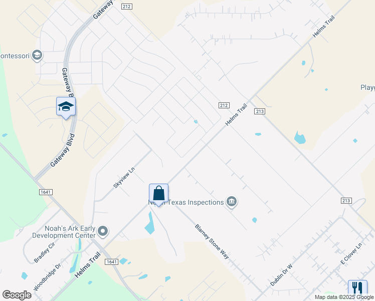 map of restaurants, bars, coffee shops, grocery stores, and more near 9025 Homestead Lane in Forney
