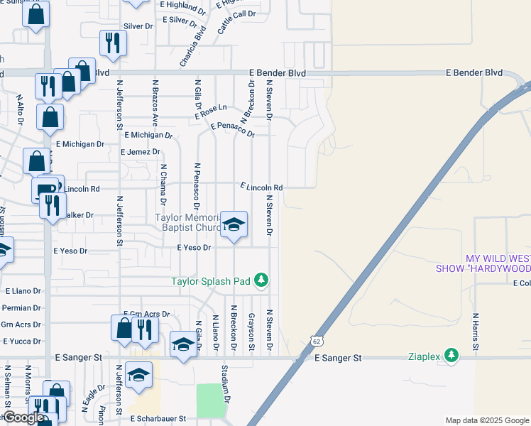 map of restaurants, bars, coffee shops, grocery stores, and more near 1703 North Steven Drive in Hobbs