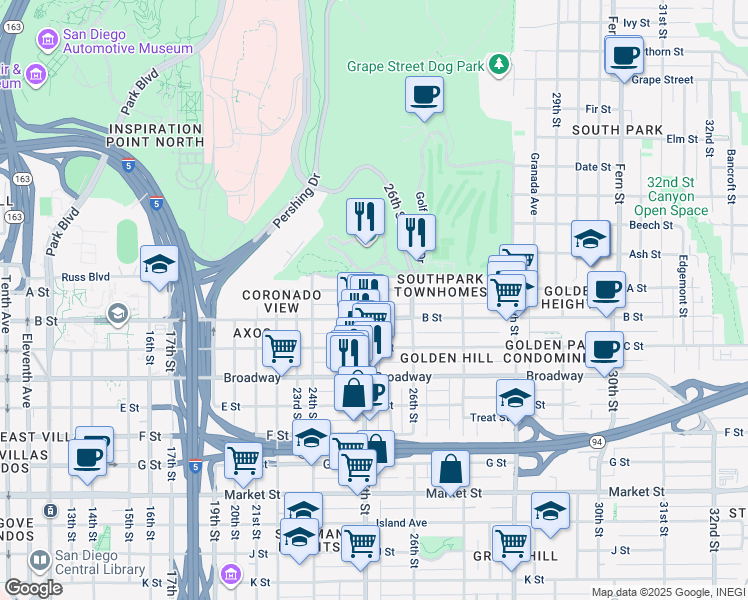 map of restaurants, bars, coffee shops, grocery stores, and more near 1231 25th Street in San Diego