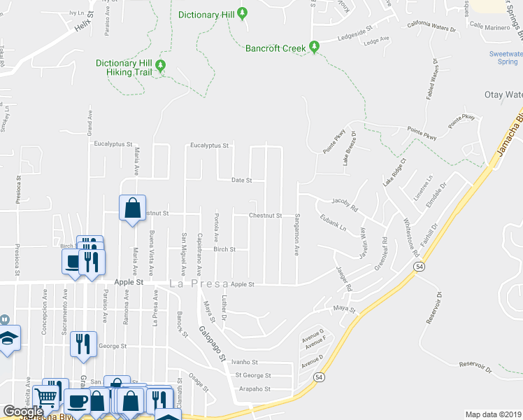 map of restaurants, bars, coffee shops, grocery stores, and more near 1410 San Bernardino Avenue in Spring Valley