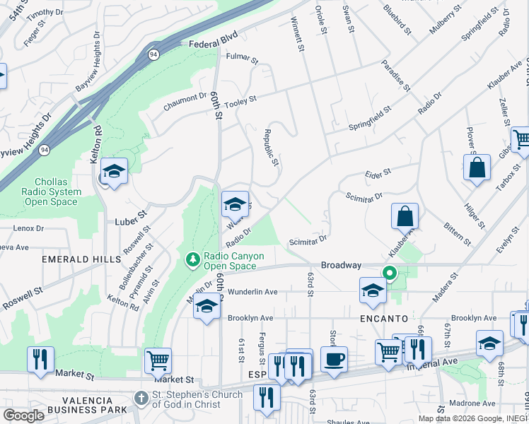 map of restaurants, bars, coffee shops, grocery stores, and more near 6150 Radio Drive in San Diego