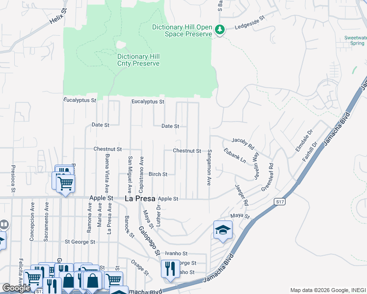 map of restaurants, bars, coffee shops, grocery stores, and more near 1410 San Bernardino Avenue in Spring Valley