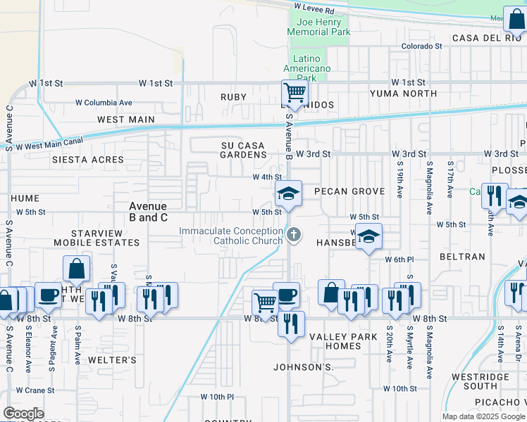 map of restaurants, bars, coffee shops, grocery stores, and more near 2625-2645 West Nicole Lane in Yuma