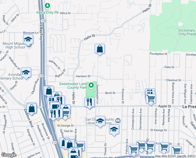 map of restaurants, bars, coffee shops, grocery stores, and more near 1415 Sweetwater Lane in Spring Valley