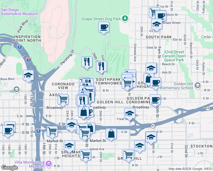 map of restaurants, bars, coffee shops, grocery stores, and more near 2637 A Street in San Diego