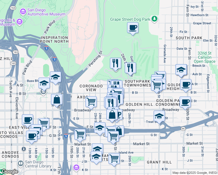 map of restaurants, bars, coffee shops, grocery stores, and more near 2472 B Street in San Diego