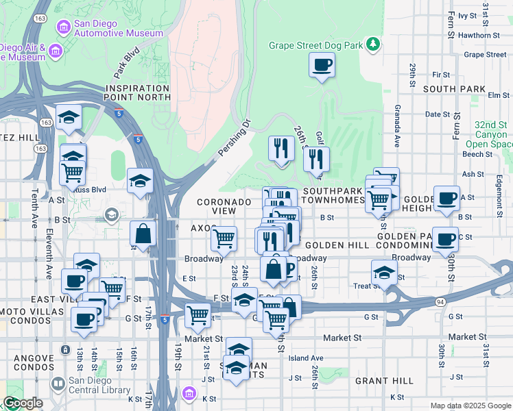 map of restaurants, bars, coffee shops, grocery stores, and more near 2406 B Street in San Diego