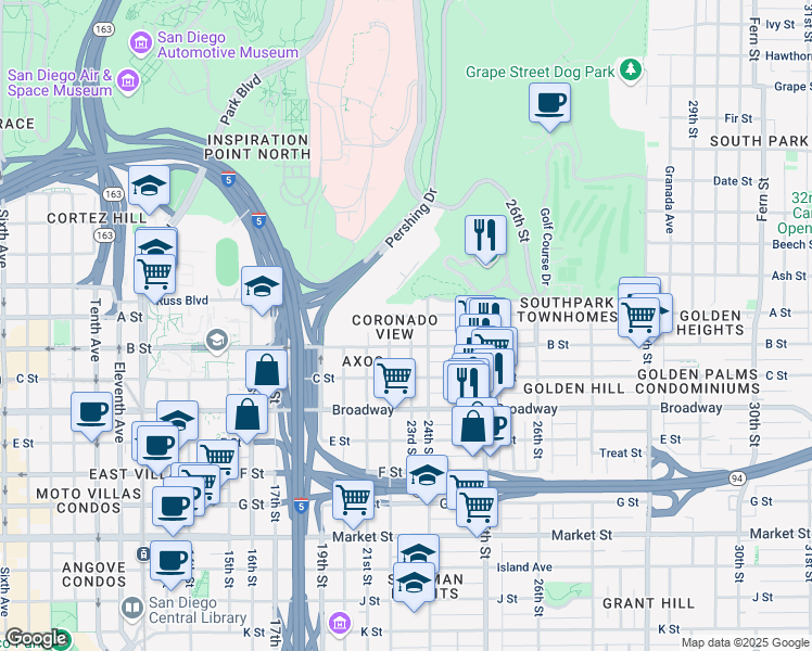 map of restaurants, bars, coffee shops, grocery stores, and more near 2208 B Street in San Diego
