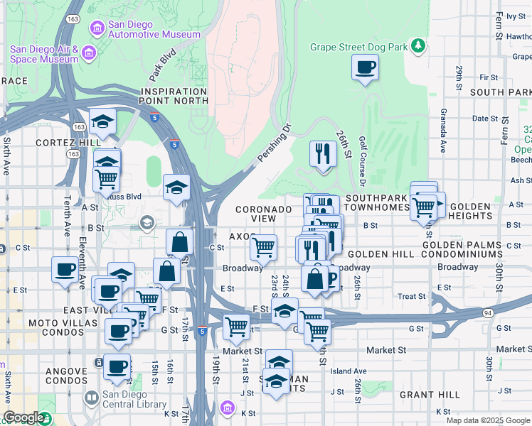 map of restaurants, bars, coffee shops, grocery stores, and more near 2208 B Street in San Diego