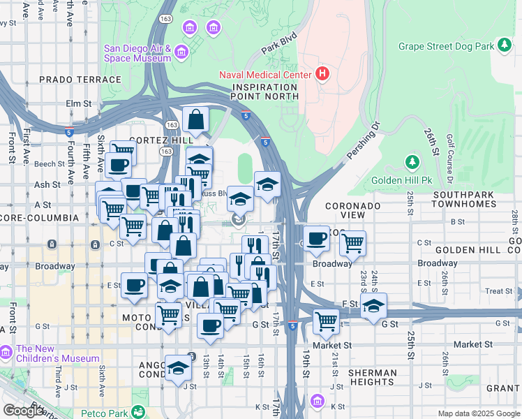 map of restaurants, bars, coffee shops, grocery stores, and more near 1601 B Street in San Diego