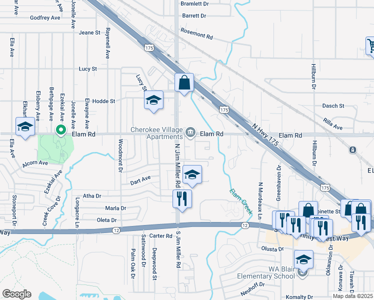 map of restaurants, bars, coffee shops, grocery stores, and more near 7250 Elam Road in Dallas