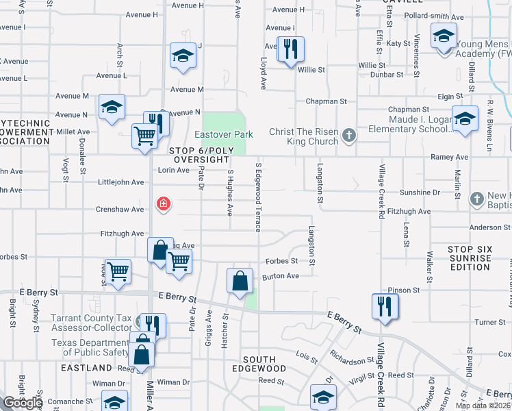 map of restaurants, bars, coffee shops, grocery stores, and more near 4416 Crenshaw Avenue in Fort Worth
