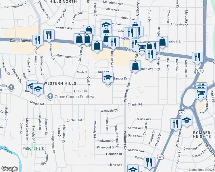 map of restaurants, bars, coffee shops, grocery stores, and more near 8025 Boston Avenue in Benbrook
