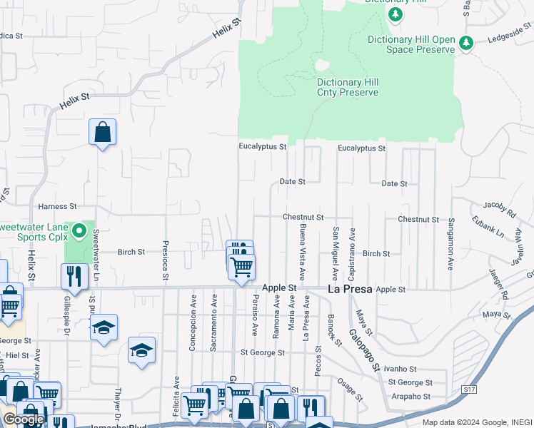 map of restaurants, bars, coffee shops, grocery stores, and more near 1408 Ramona Avenue in Spring Valley