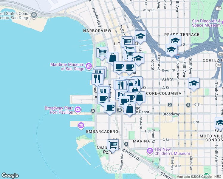 map of restaurants, bars, coffee shops, grocery stores, and more near 1285 Pacific Highway in San Diego