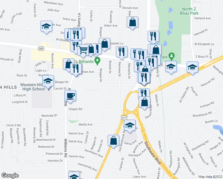 map of restaurants, bars, coffee shops, grocery stores, and more near 3621 Bonnie Drive in Fort Worth