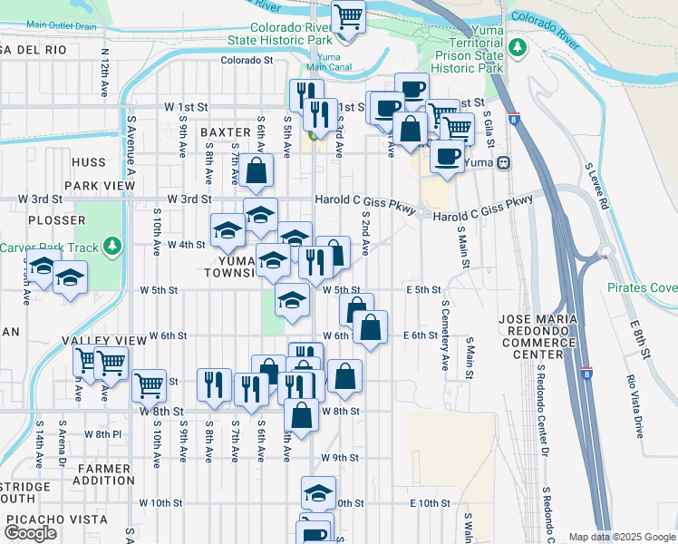 map of restaurants, bars, coffee shops, grocery stores, and more near 450 South 3rd Avenue in Yuma