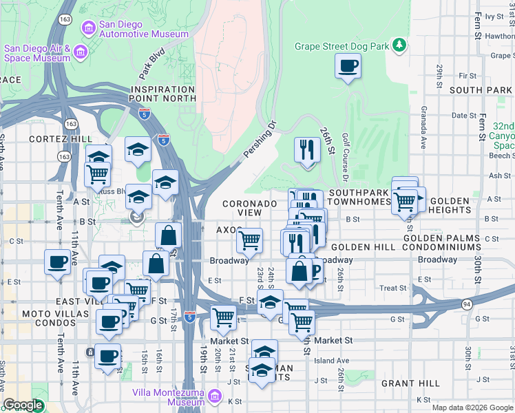 map of restaurants, bars, coffee shops, grocery stores, and more near 2208 B Street in San Diego