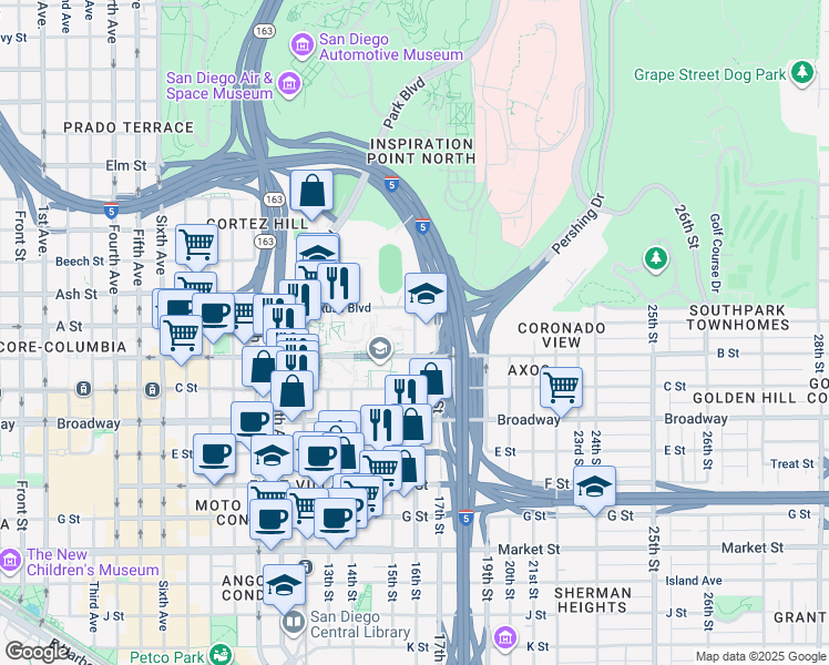map of restaurants, bars, coffee shops, grocery stores, and more near 1300 16th Street in San Diego