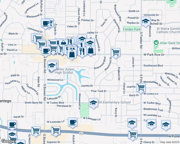 map of restaurants, bars, coffee shops, grocery stores, and more near 1713 Briardale Court in Arlington