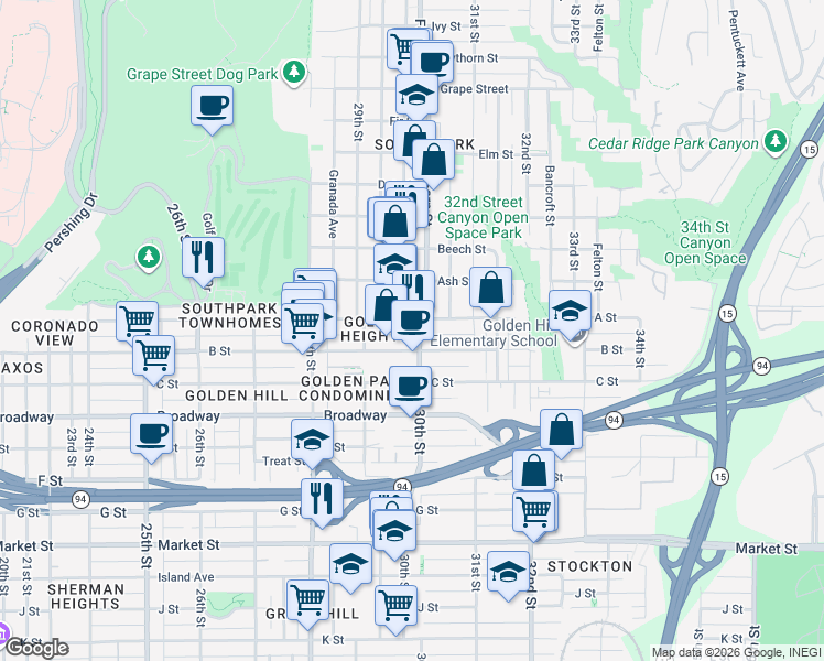 map of restaurants, bars, coffee shops, grocery stores, and more near 2956 1/2 B Street in San Diego