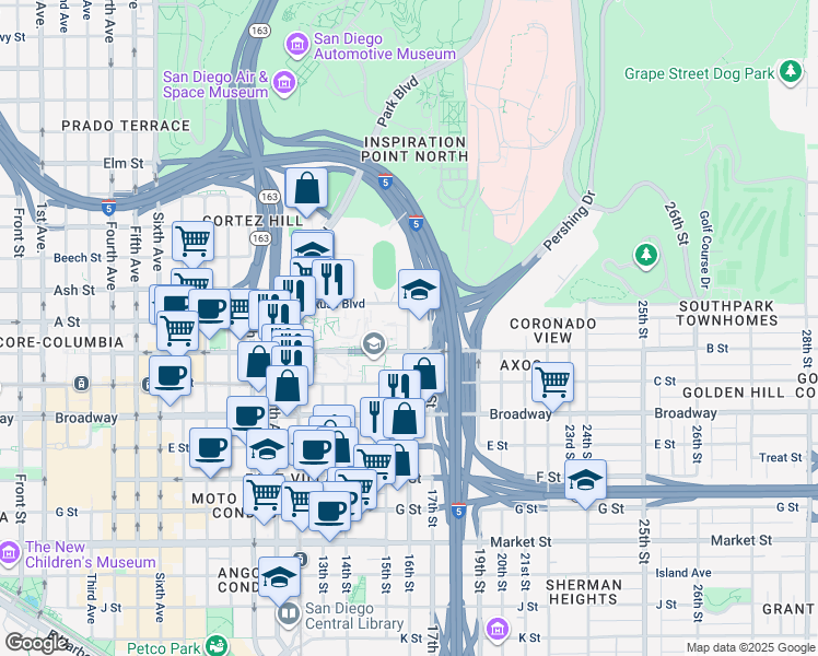 map of restaurants, bars, coffee shops, grocery stores, and more near 1300 16th Street in San Diego
