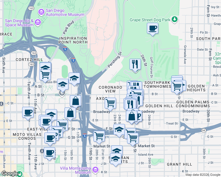 map of restaurants, bars, coffee shops, grocery stores, and more near 1233 22nd Street in San Diego