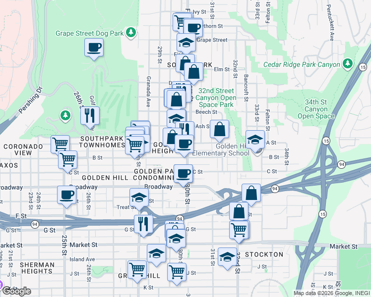 map of restaurants, bars, coffee shops, grocery stores, and more near 2956 1/2 B Street in San Diego