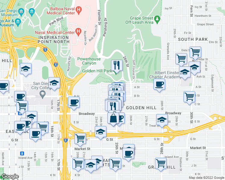 map of restaurants, bars, coffee shops, grocery stores, and more near 2473 A Street in San Diego