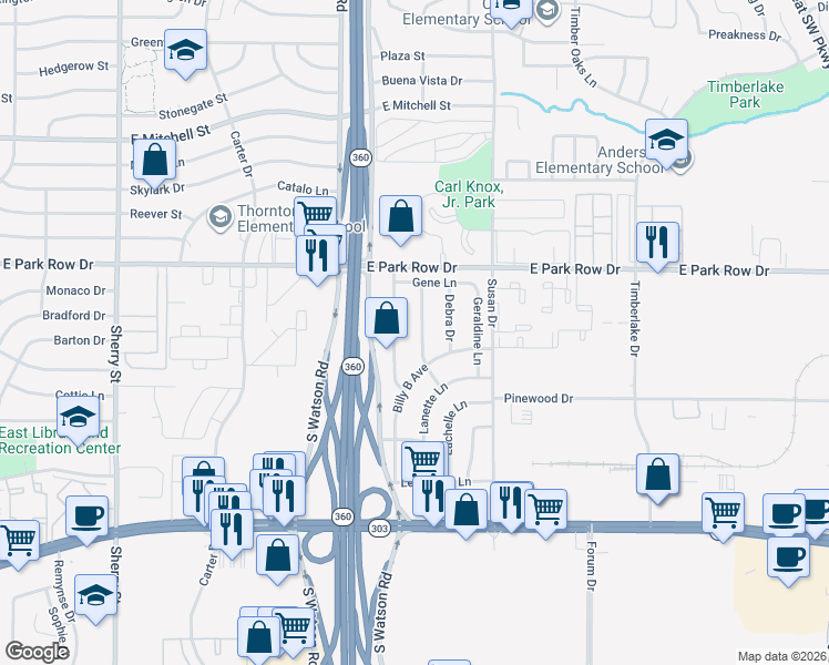map of restaurants, bars, coffee shops, grocery stores, and more near 1703 Homemaker Hills Drive in Arlington
