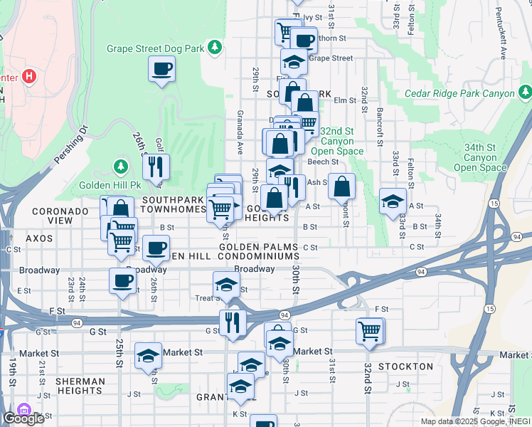 map of restaurants, bars, coffee shops, grocery stores, and more near 2913 A Street in San Diego