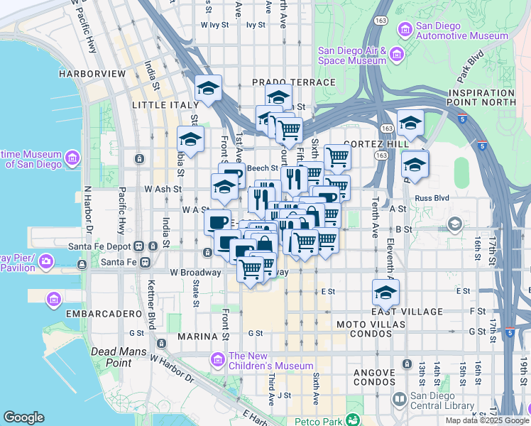 map of restaurants, bars, coffee shops, grocery stores, and more near 320 B Street in San Diego