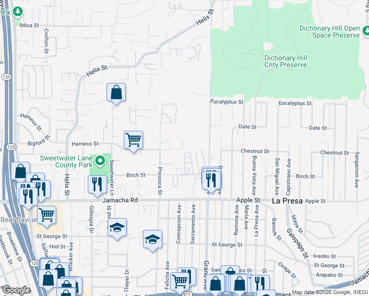 map of restaurants, bars, coffee shops, grocery stores, and more near 9240 Harness Street in Spring Valley