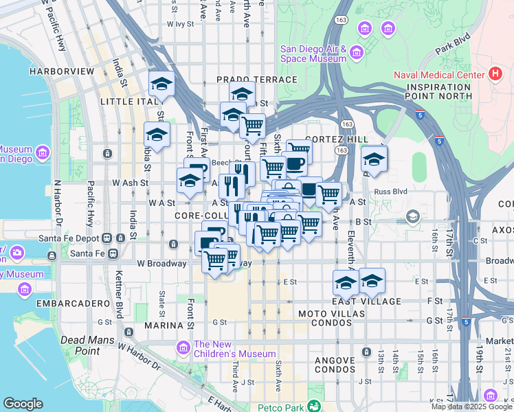 map of restaurants, bars, coffee shops, grocery stores, and more near in San Diego