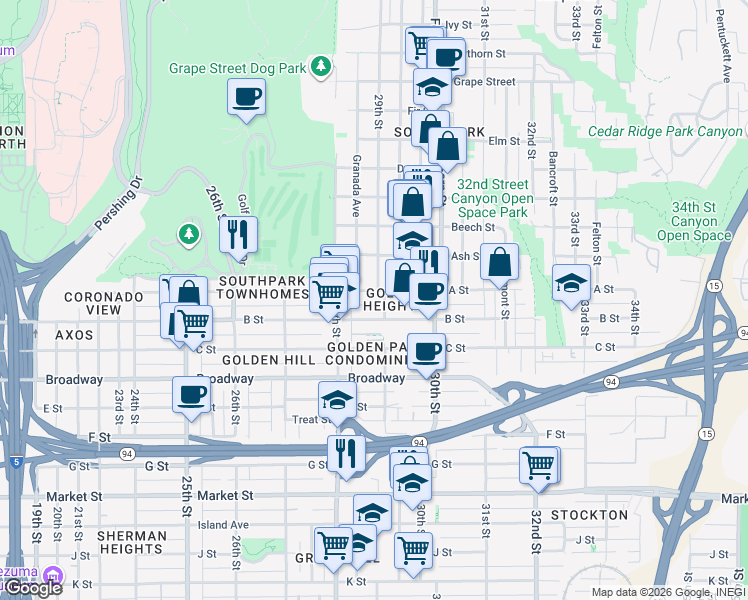 map of restaurants, bars, coffee shops, grocery stores, and more near 2865 A Street in San Diego