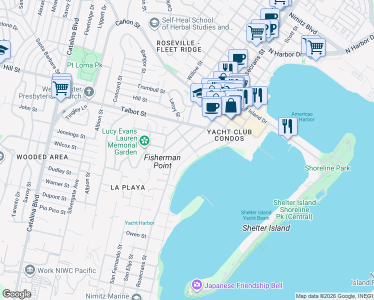 map of restaurants, bars, coffee shops, grocery stores, and more near 885 Rosecrans Street in San Diego