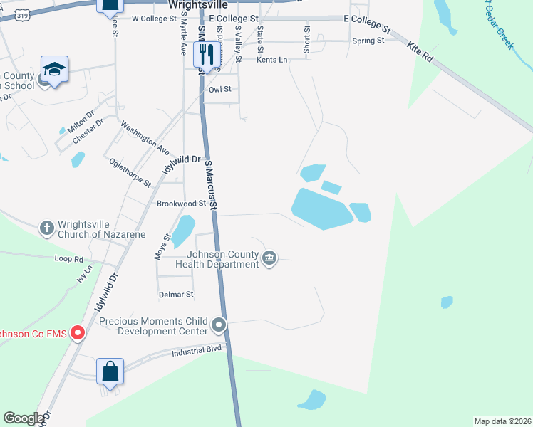 map of restaurants, bars, coffee shops, grocery stores, and more near Ash Drive in Wrightsville
