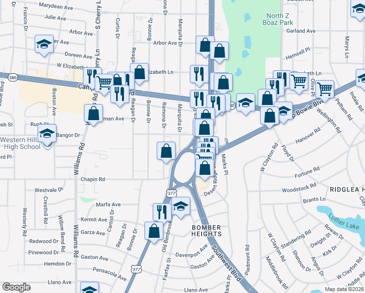 map of restaurants, bars, coffee shops, grocery stores, and more near 3615 Marquita Drive in Fort Worth