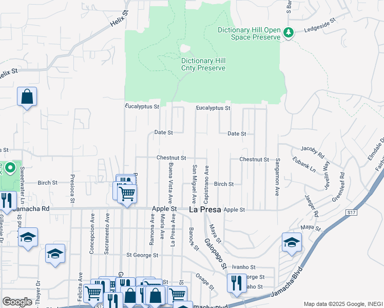map of restaurants, bars, coffee shops, grocery stores, and more near 1412 San Miguel Avenue in Spring Valley