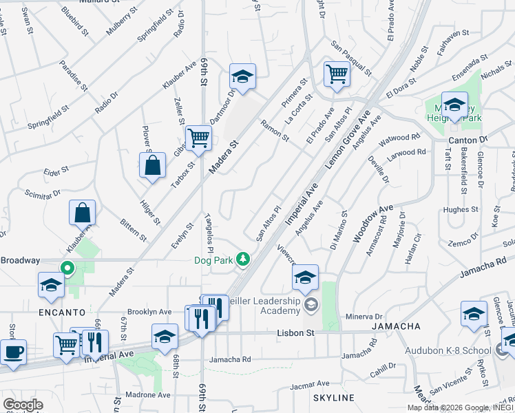 map of restaurants, bars, coffee shops, grocery stores, and more near 1428 El Prado Avenue in Lemon Grove