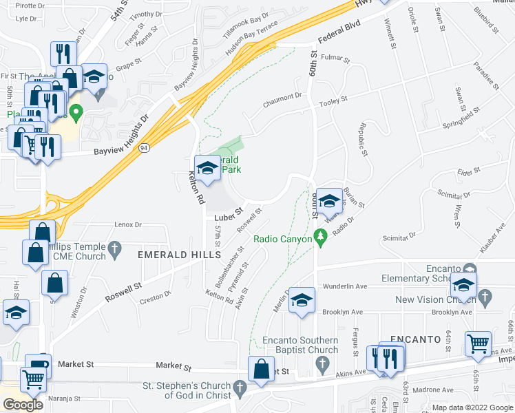 map of restaurants, bars, coffee shops, grocery stores, and more near 5823 Roswell Street in San Diego